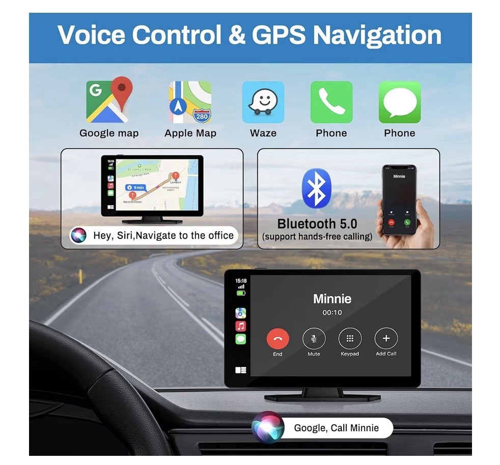 Wireless Apple Carplay Screen for Car 4K Dash Cam, 9″ Portable Apple Carplay