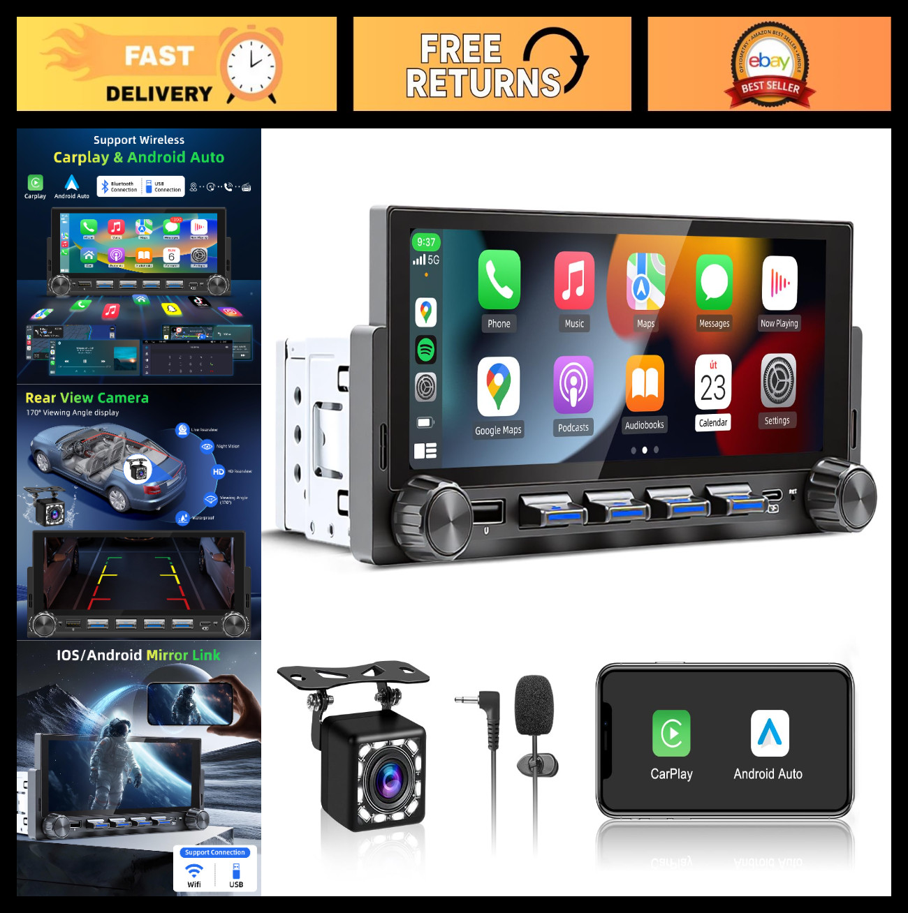 6.86″ Wireless Single Din Touchscreen Car Stereo – Apple Carplay, Android Auto,