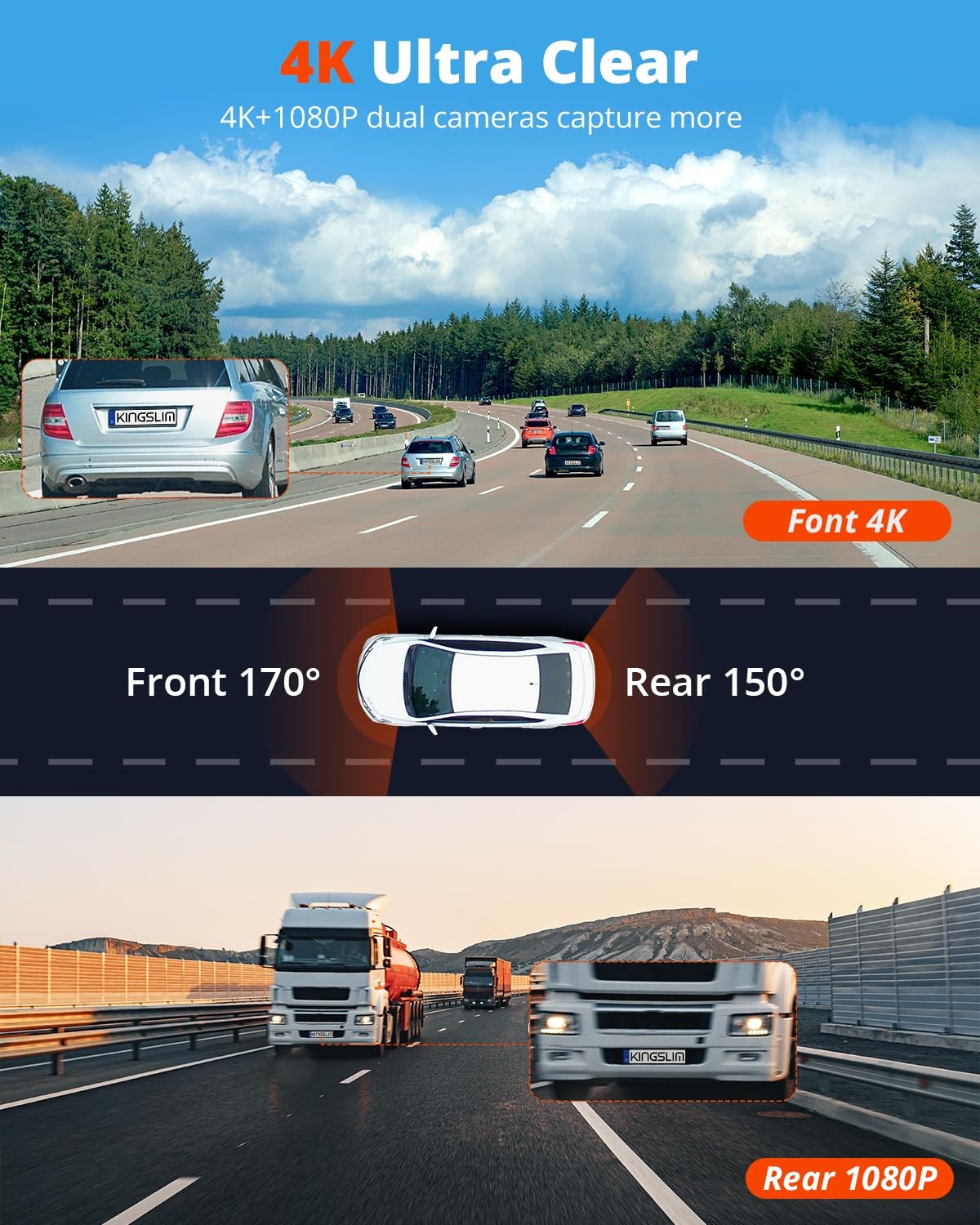 Kingslim 4K Dash Cam Front and Rear with 64GB SD Card, 5G WiFi Dash Camera for C