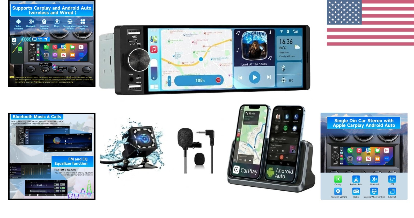 Single Din Car Stereo Universal, 6.36 Inch CarPlay & Android Auto IPS Touchsc…