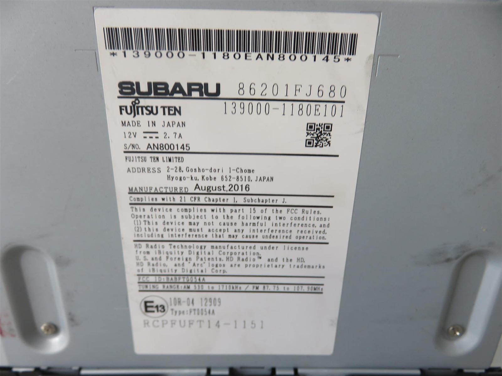 2016 – 2017 Subaru Impreza Crosstrek Starlink AM FM Radio 86201FJ680
