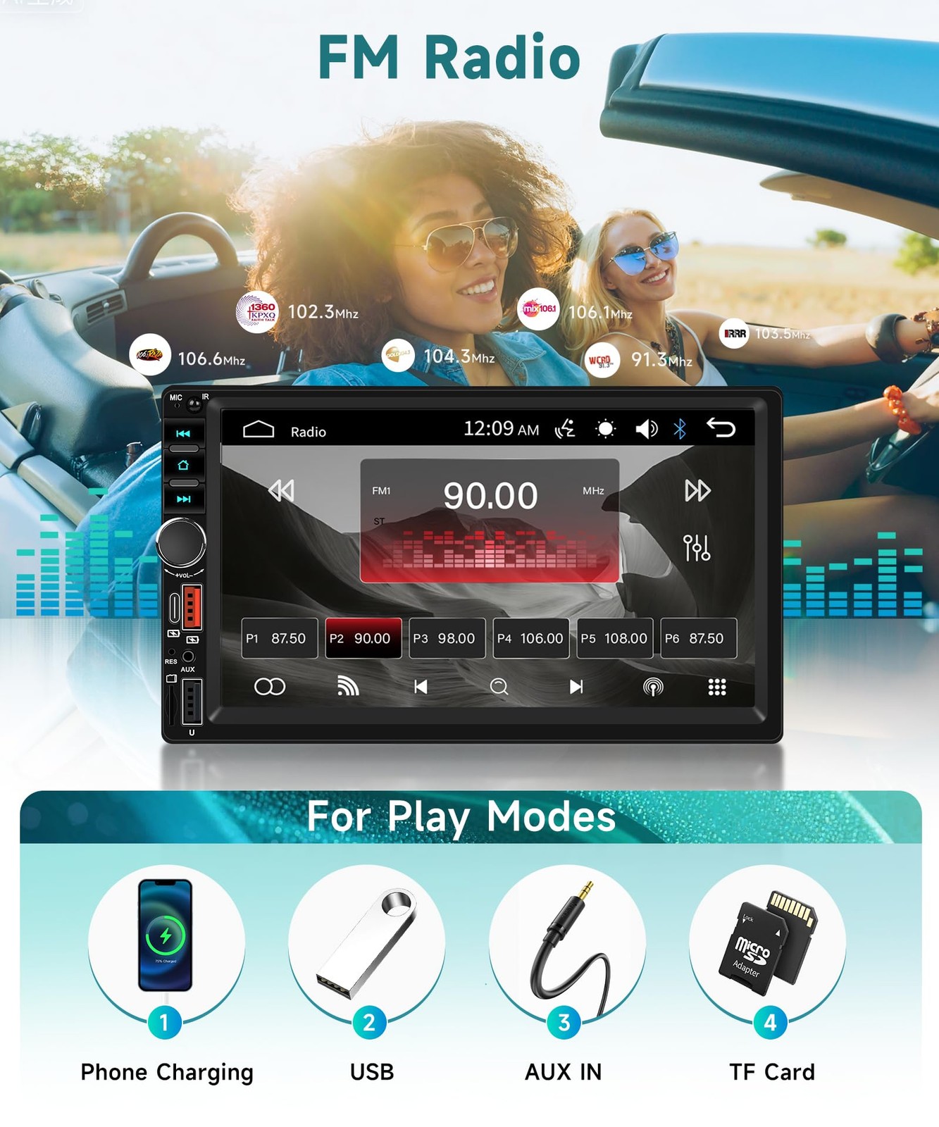 7 Inch Double Din Car Stereo, Touch Screen Bluetooth Radio Support Black