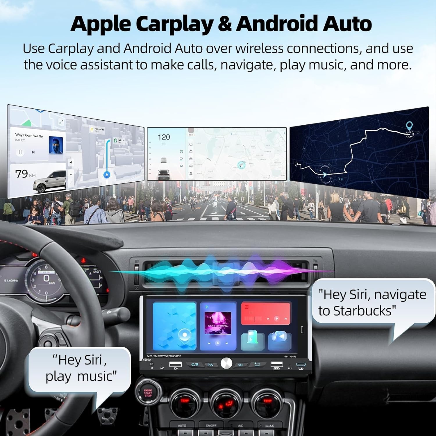 Single 1 Din Car Stereo Apple CarPlay 6.9” touchscreen Bluetooth Radio SWC USB