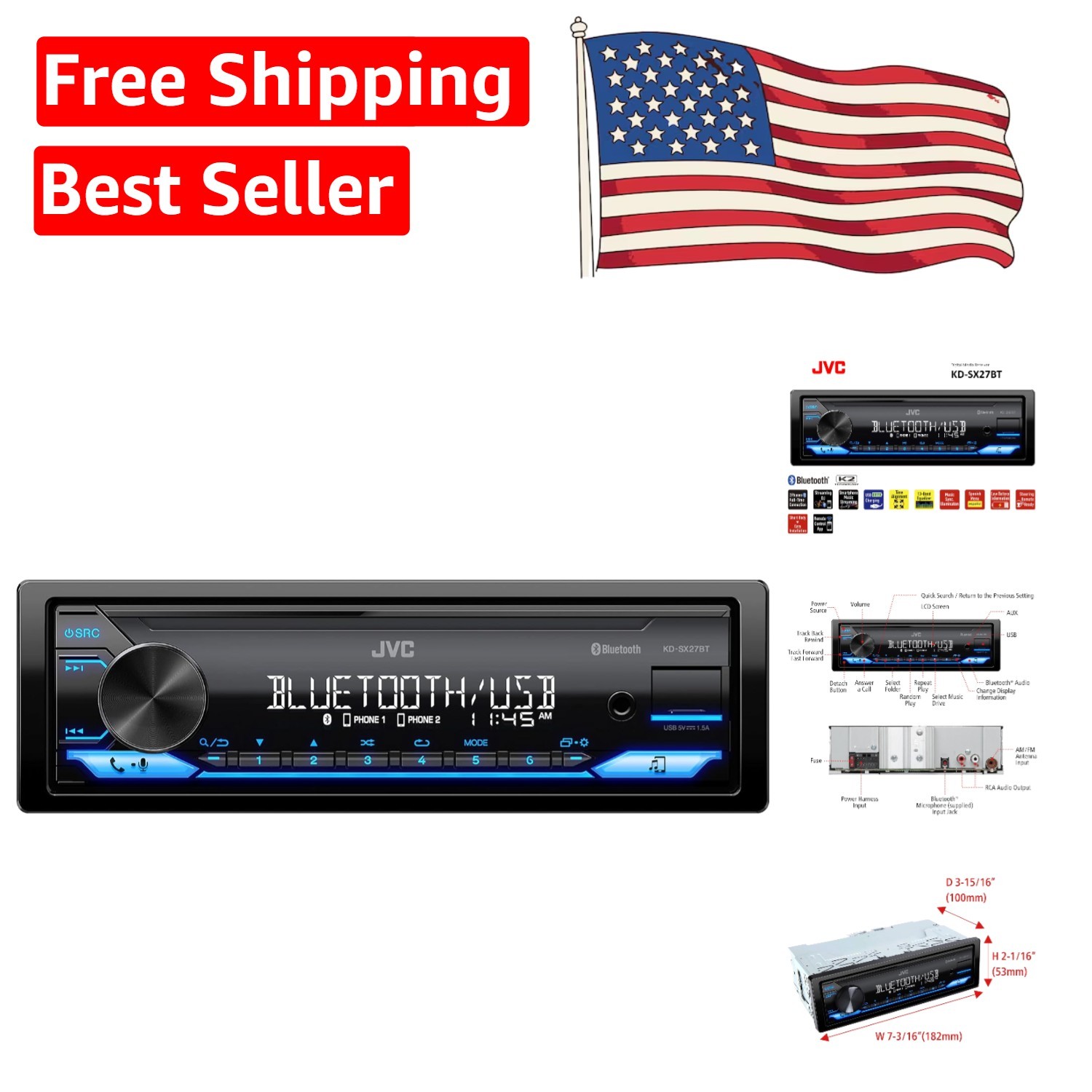 Exceptional KD-SX27BT Bluetooth Car Stereo with Fast USB Charging & 13-Band EQ