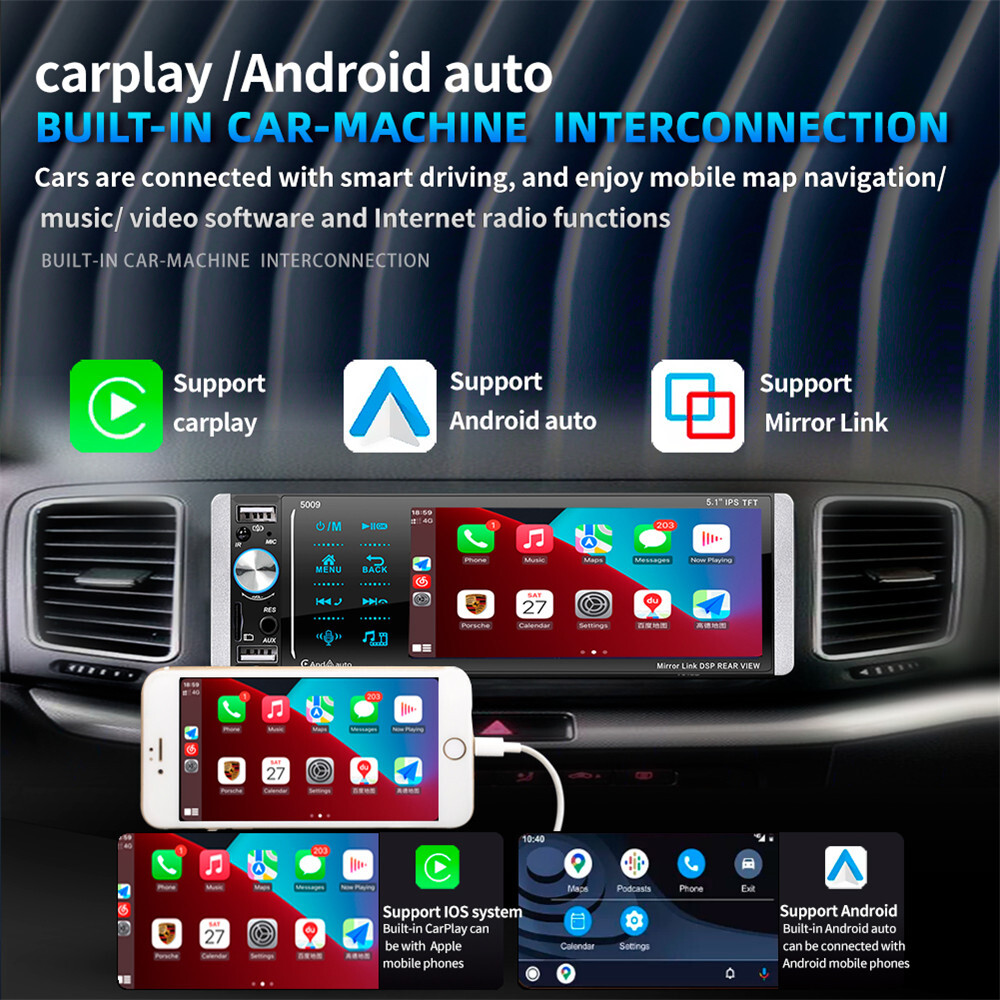 5.1in Car Radio Stereo Receiver 1 DIN MP5 Player Bluetooth For Apple Carplay