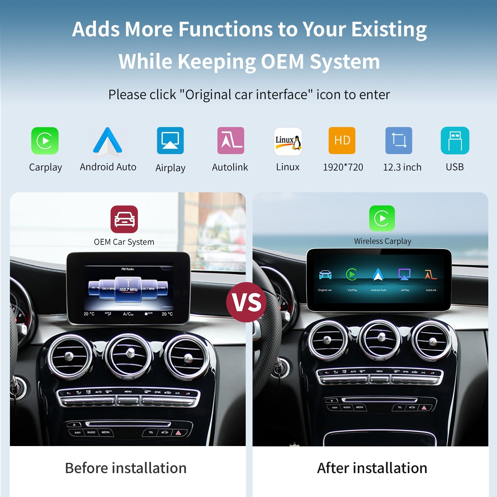 12.3′ Wireless Carplay/Android Auto for Mercedes Benz NTG5.0 GLA CLA GLC