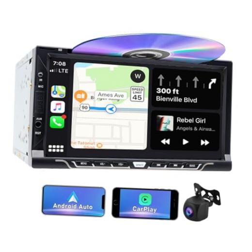 Double Din Car Stereo with CD/DVD Player, CarPlay/Android Auto 7″ Touch