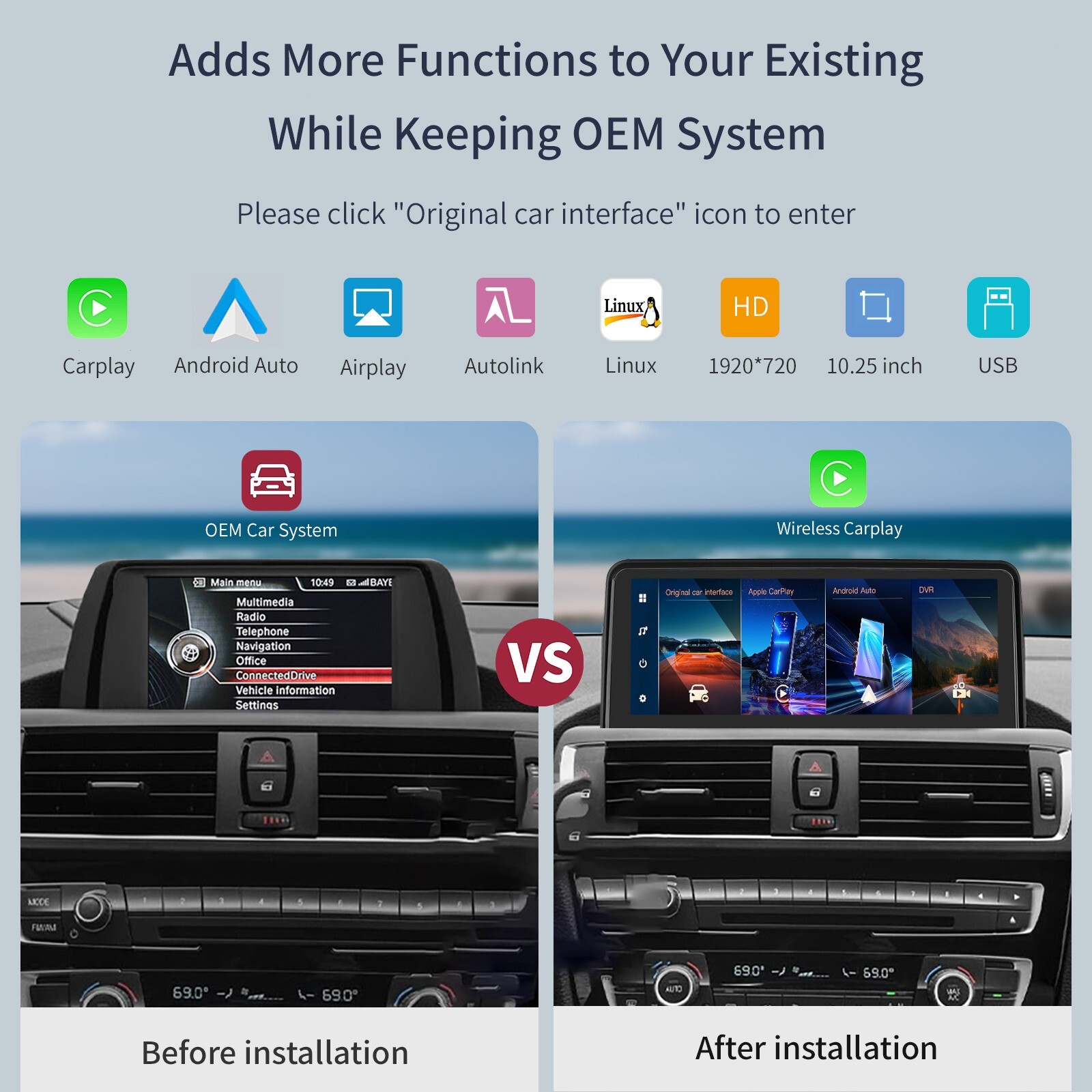 Wireless Carplay/Android Auto 10.25” Touchscreen for BMW 1/2 Serie F20 NBT