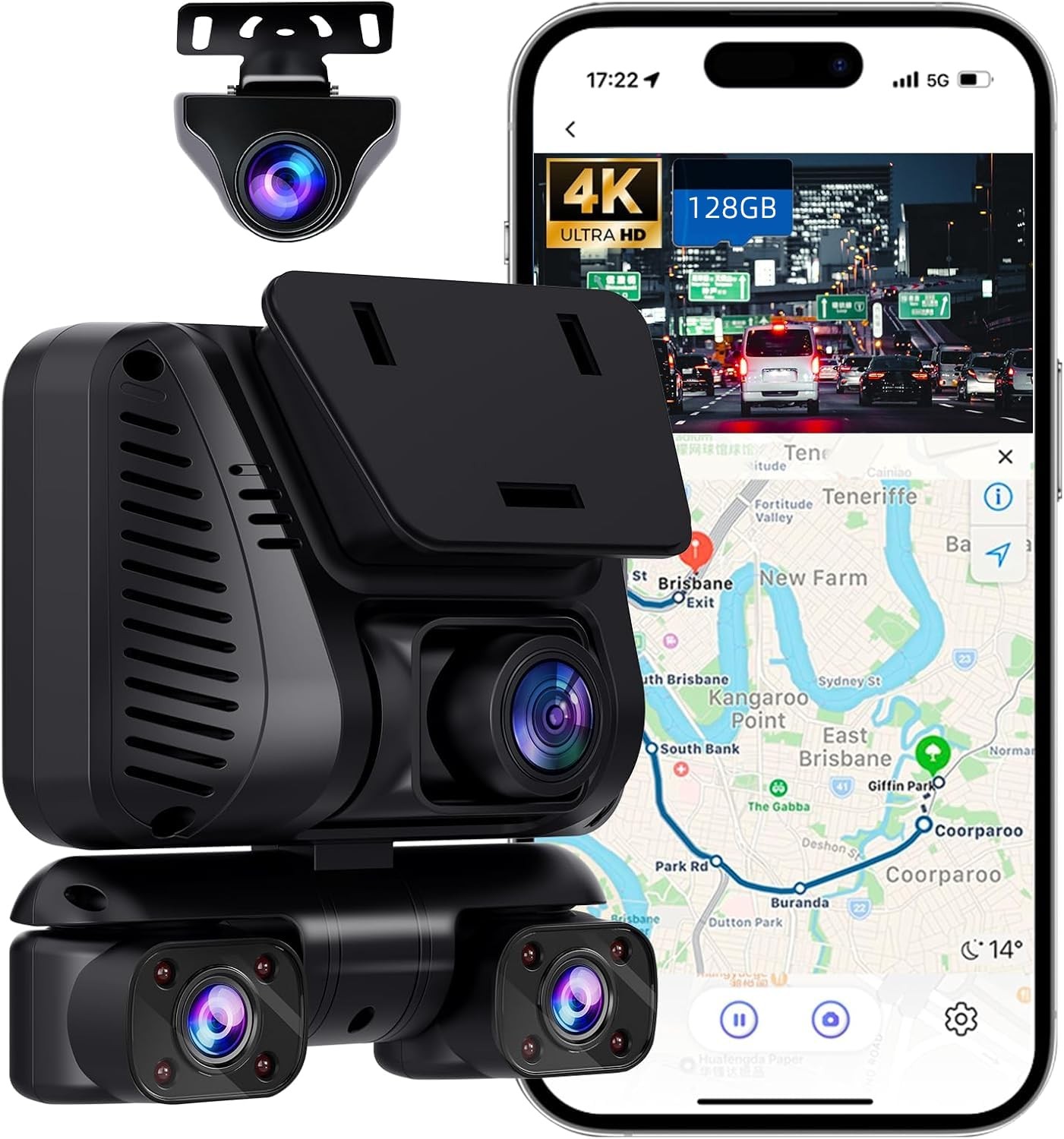 4K Dash Cam 360° View 4-Channel Front Rear Camera, Built-in 5GHz Wi-Fi, GPS, Nig