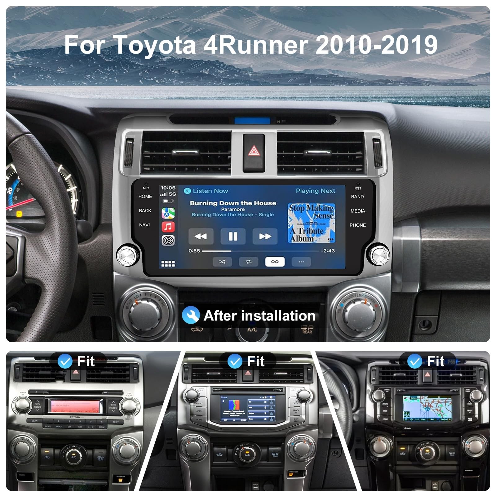 10.33”QLED Touchscreen Wireless CarPlay Stereo for 2010-2019 Toyota 4Runner