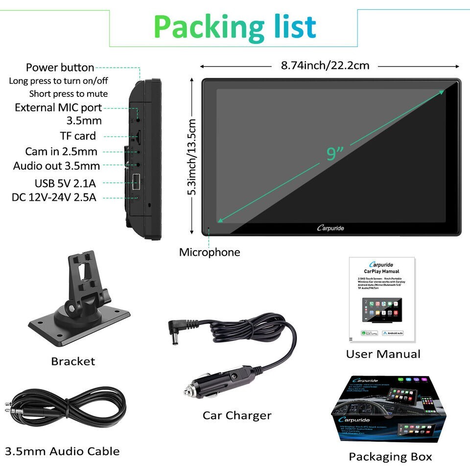 Carpuride 9Inch HD Wireless Portable Car Stereo For Carplay & Android Auto Play