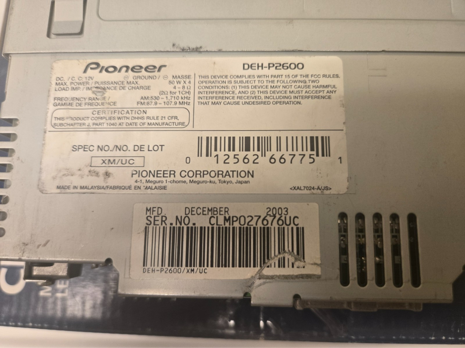 Pioneer DEH-P2600 Car Radio CD Player MOSFET 50wx4 UNTESTED