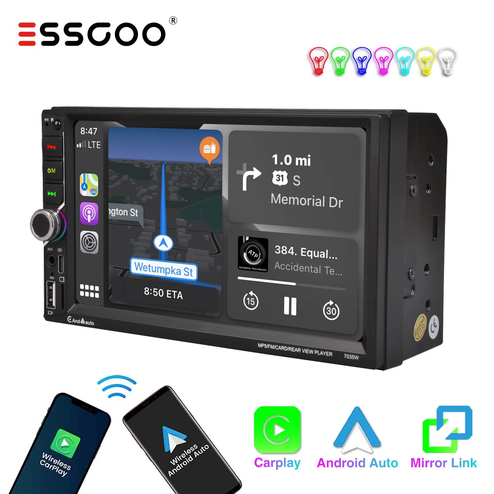 Double 2 DIN 7″ Car Stereo Wireless Carplay Android Auto Bluetooth USB AUX-IN TF