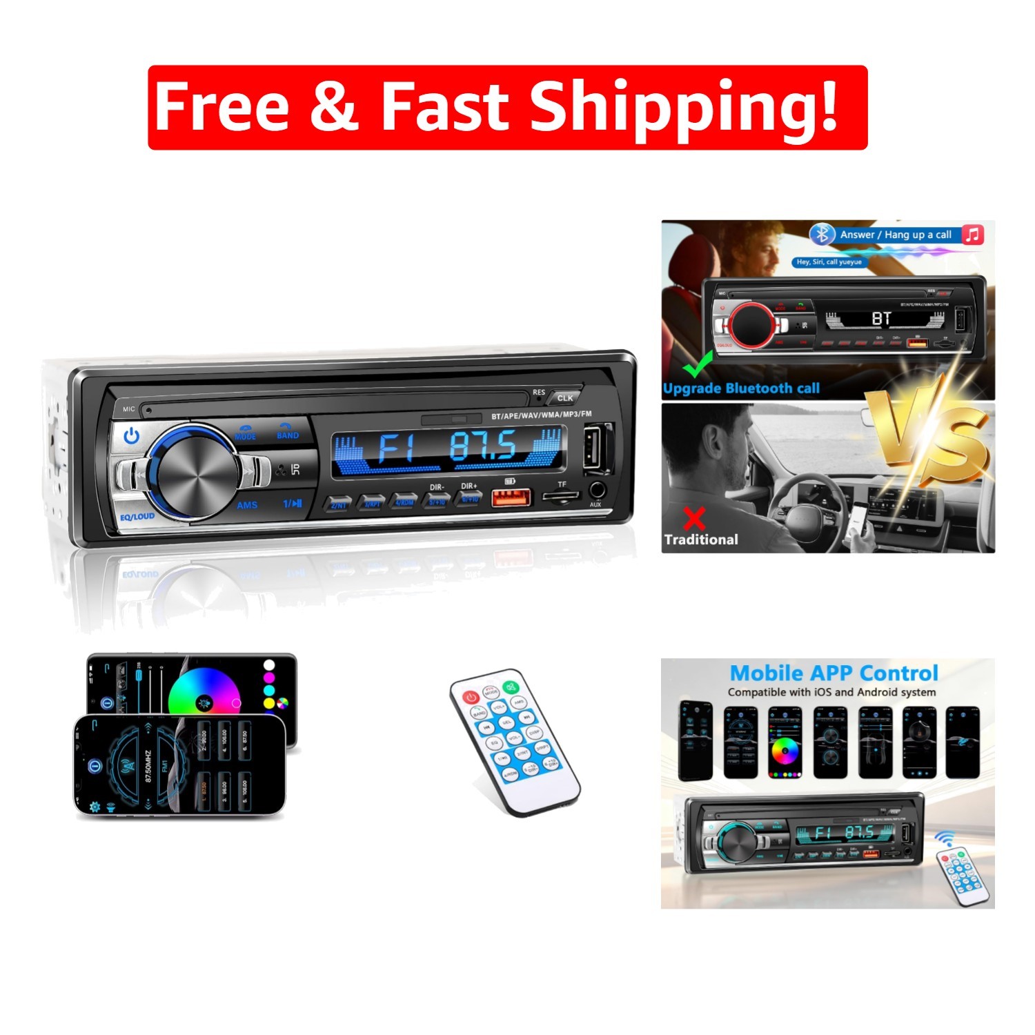 Advanced Single DIN Car Stereo with Bluetooth & Hands-free Calling, 4X50W