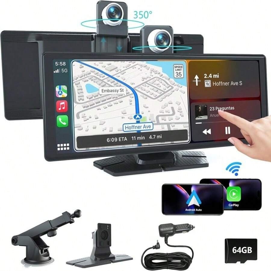 10.26″ Wireless CarPlay Touchscreen with 2.5K+1080P Dash Cam & 64GB Card