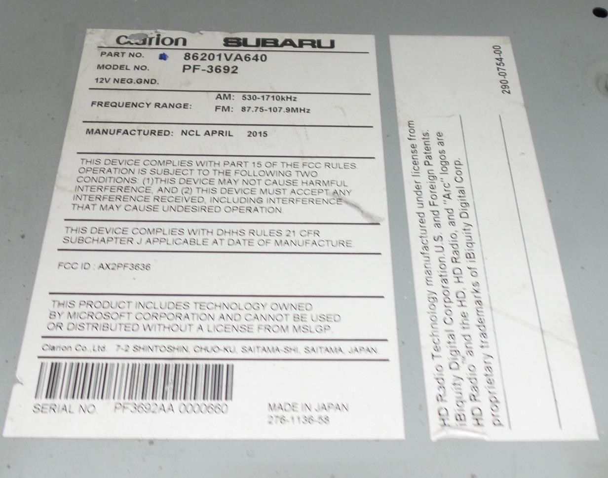 2016 Subaru CD Player Satellite Radio Audio Media Display Receiver 86201VA640