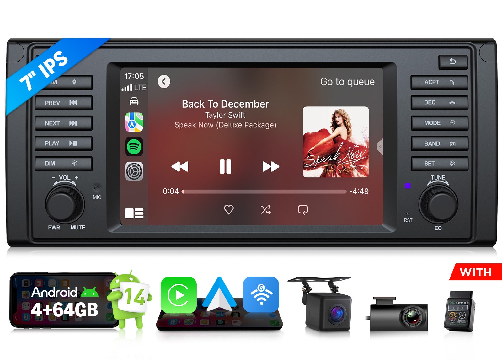 CAM+OBD+DVR+7″ Android Auto for BMW E39 528i 530i Car Stereo Radio CarPlay 4+64G