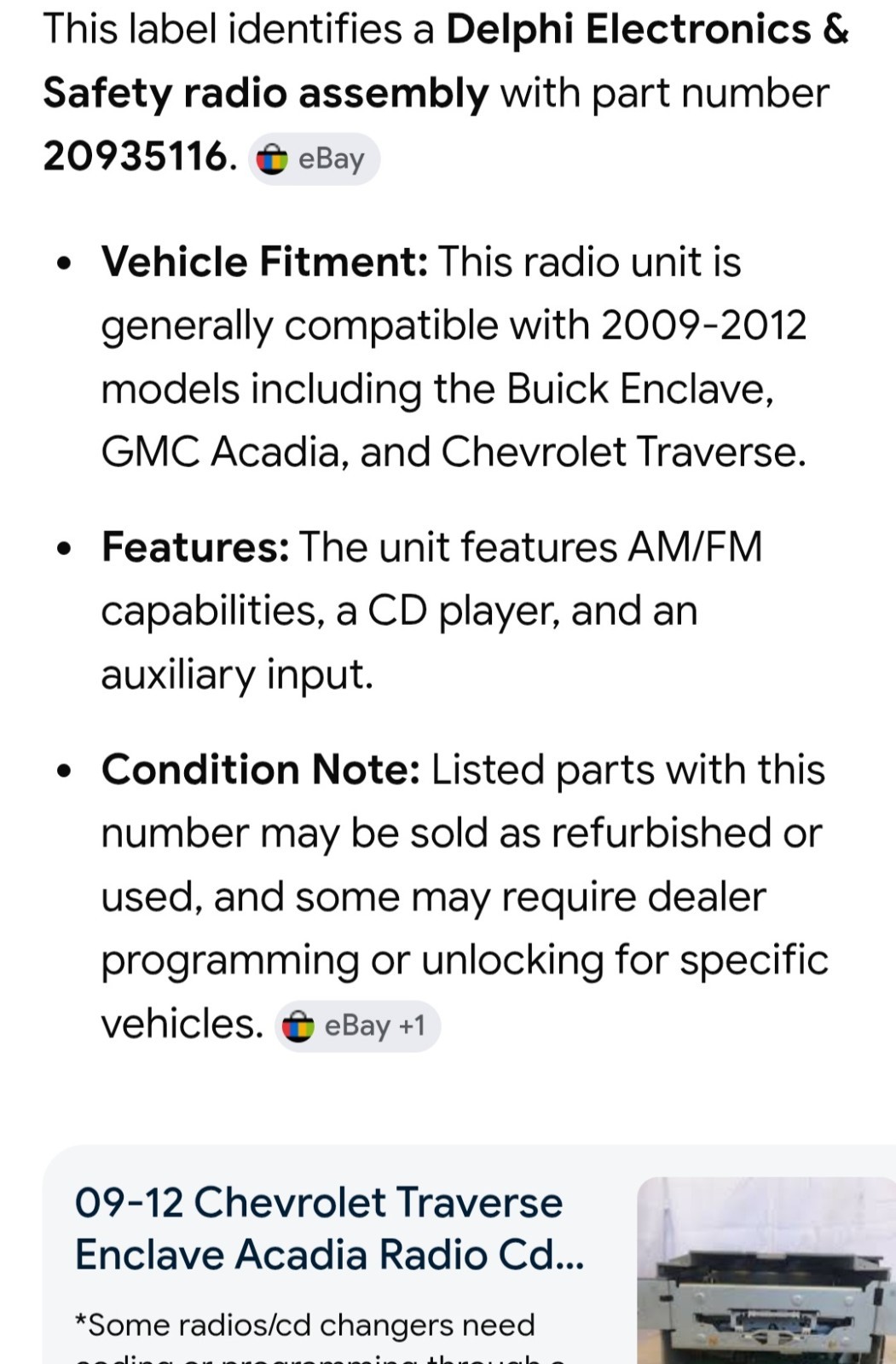 Delphi OEM RDO Assembly Part No. 20935116 Buick Enclave Chevy Traverse GMC Acadi