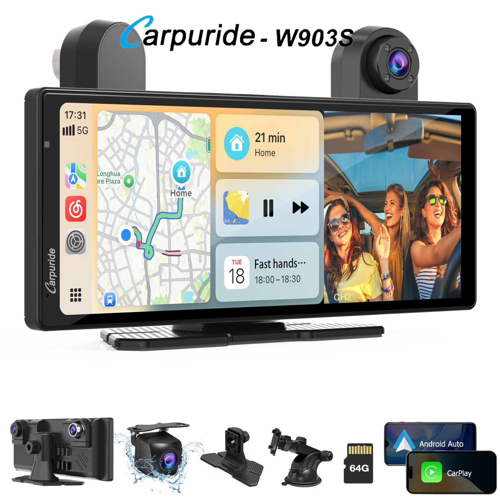 Carpuride W903S Carplay Android Auto 4K Front Cam 1080P Rear Cam Infrared Camera