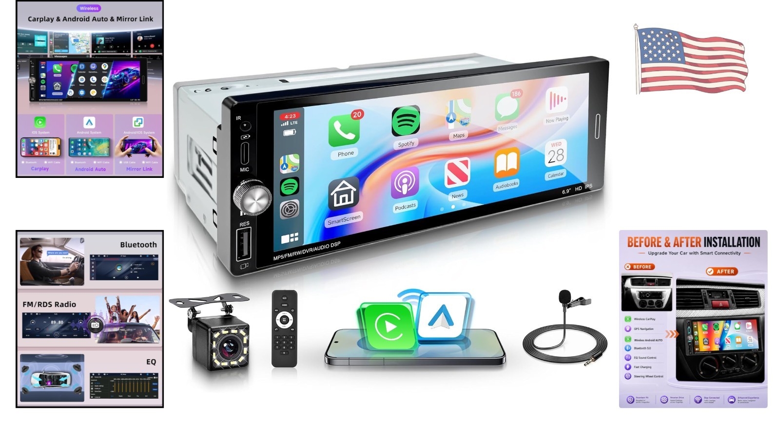 Bluetooth 5.2 Touchscreen Car Audio with Backup Camera & Steering Wheel Control