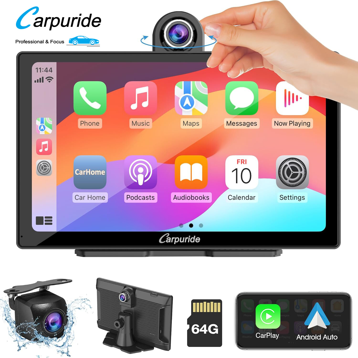 Carpuride 9”Wireless Apple Carplay Android Auto Touch Car Screen With Dash Cam