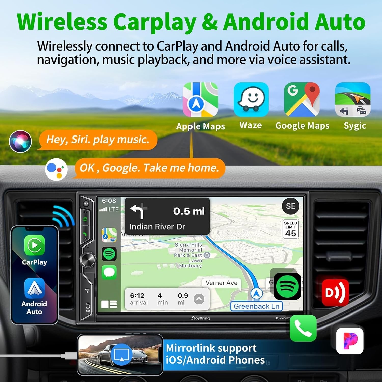 7″ Double Din Car Stereo QLED Wireless Apple CarPlay Android Auto 240W Dash &