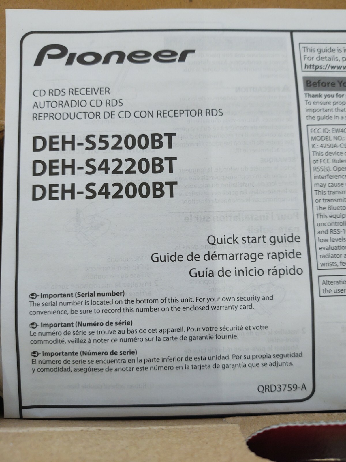 Pioneer DEH-S4200BT Bluetooth Connection CD Player Stereo AM/FM Radio USB