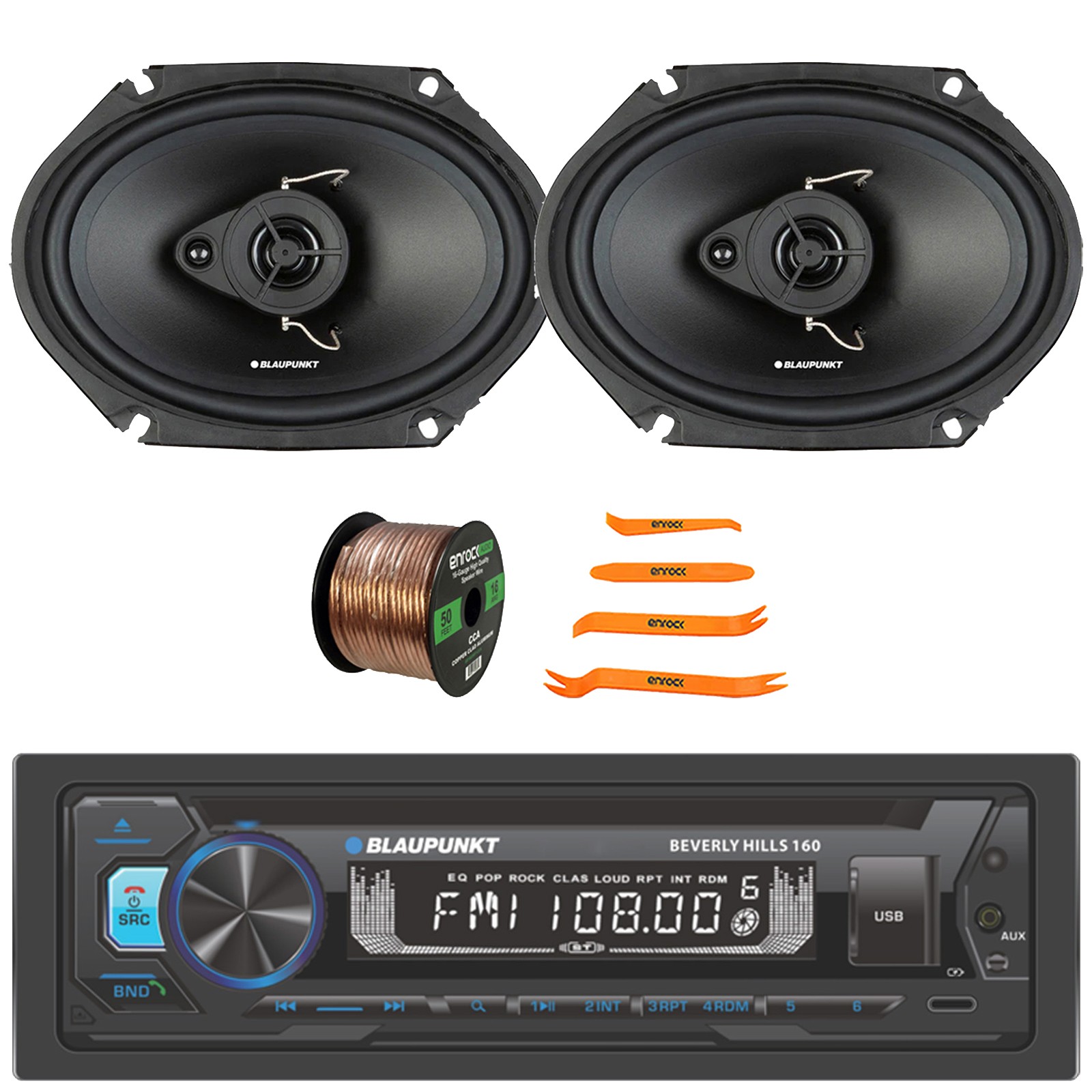 Blaupunkt Beverly Hills 160 Receiver, 2x 6×8″ 60W Speakers, Wire, Pry Tool Set