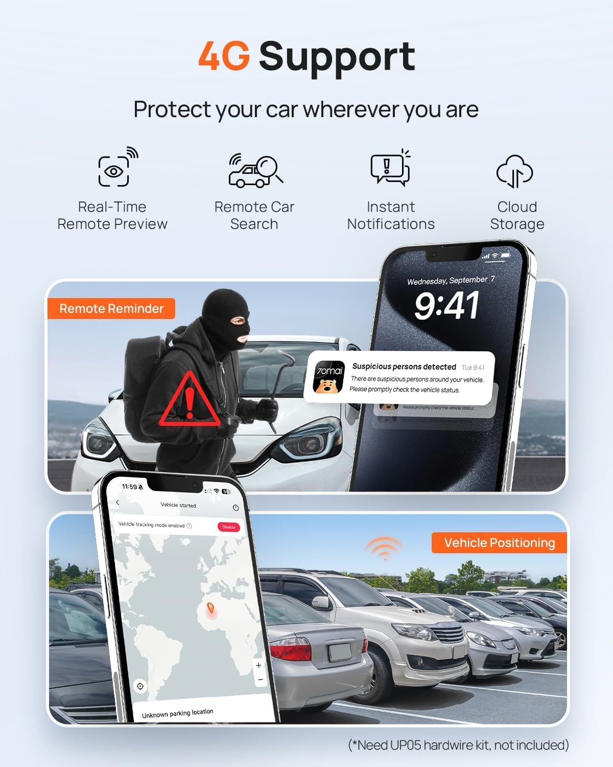 70mai A810 4K Dual Dash Cam Front/Rear, Starvis 2 HDR Night Vision, GPS, WiFi