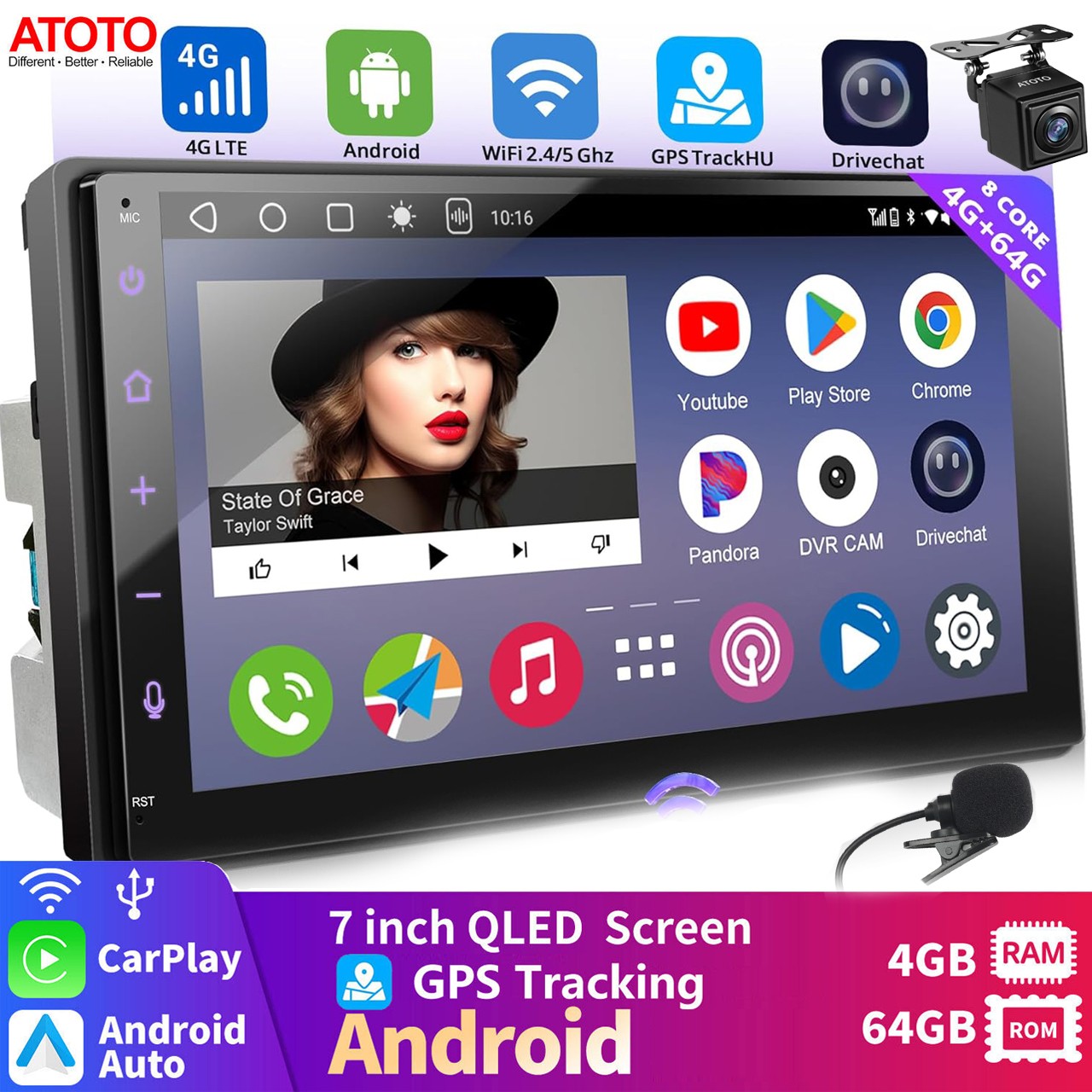 CAM+Android 4GB+64GB 2Din 7″ QLED Screen Car Stereo Radio GPS Navi GenAI CarPlay