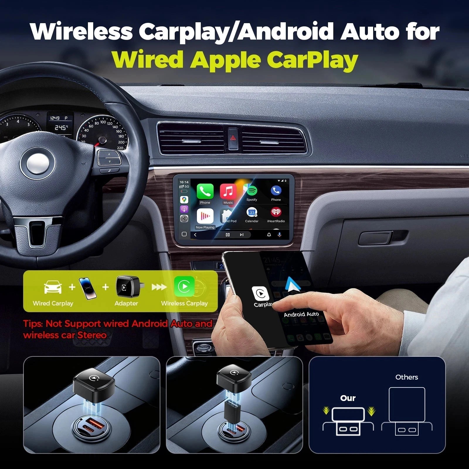 4 IN 1 Wireless CarPlay Android Auto USB Dongle Mirror Link Adapter Plug & Play