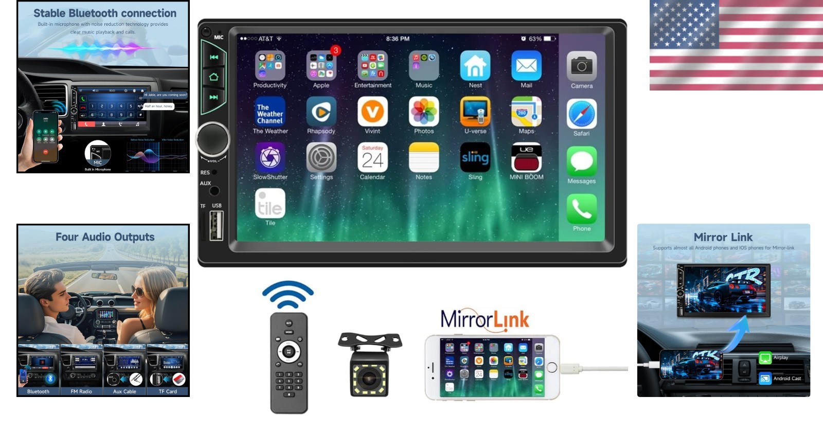 Multimedia Car Stereo Receiver 7 Inch Double Din with Mirror Link and Subwoofer