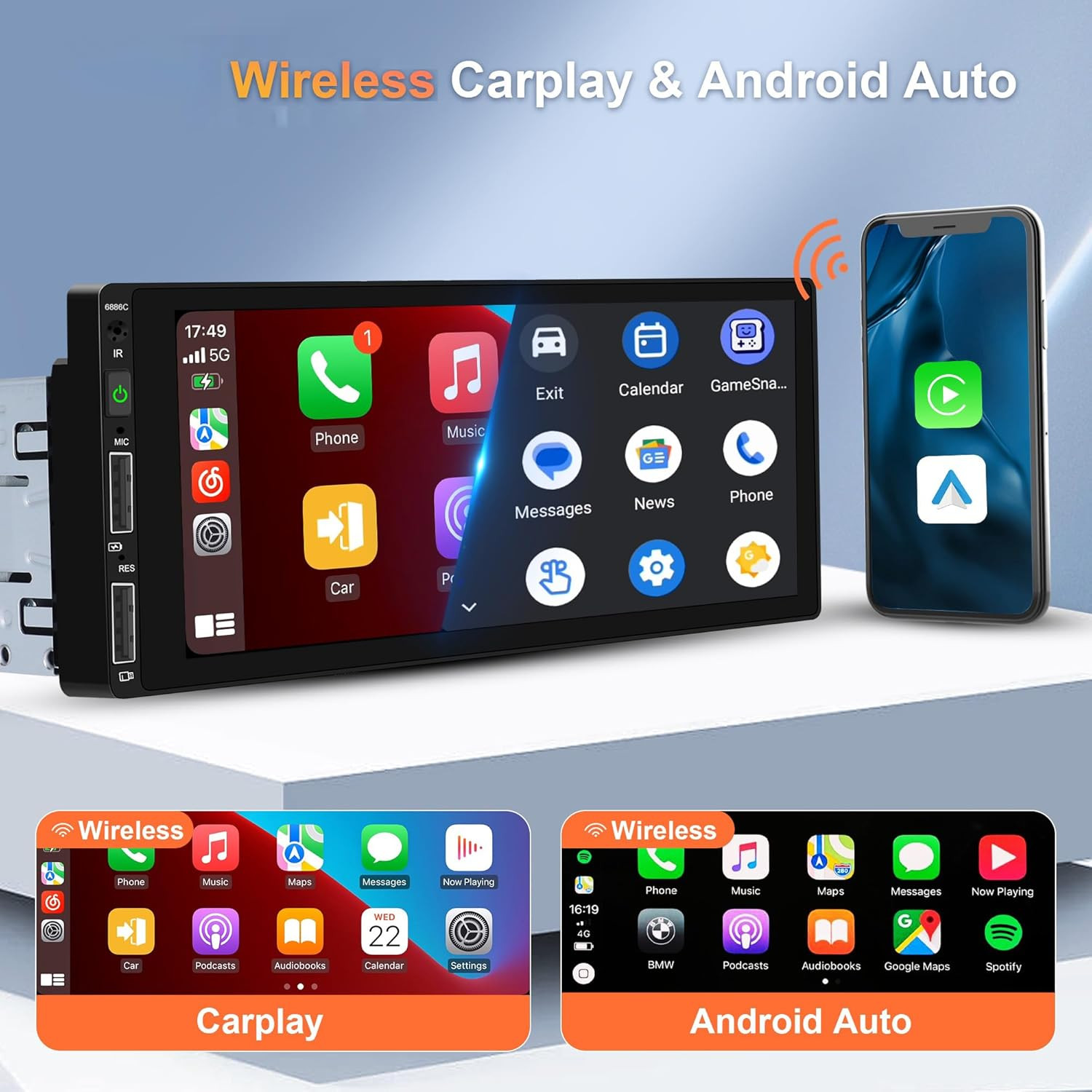 Single Din Car Stereo with Wireless Carplay & Android Auto, 6.9″ HD IPS Touchscr
