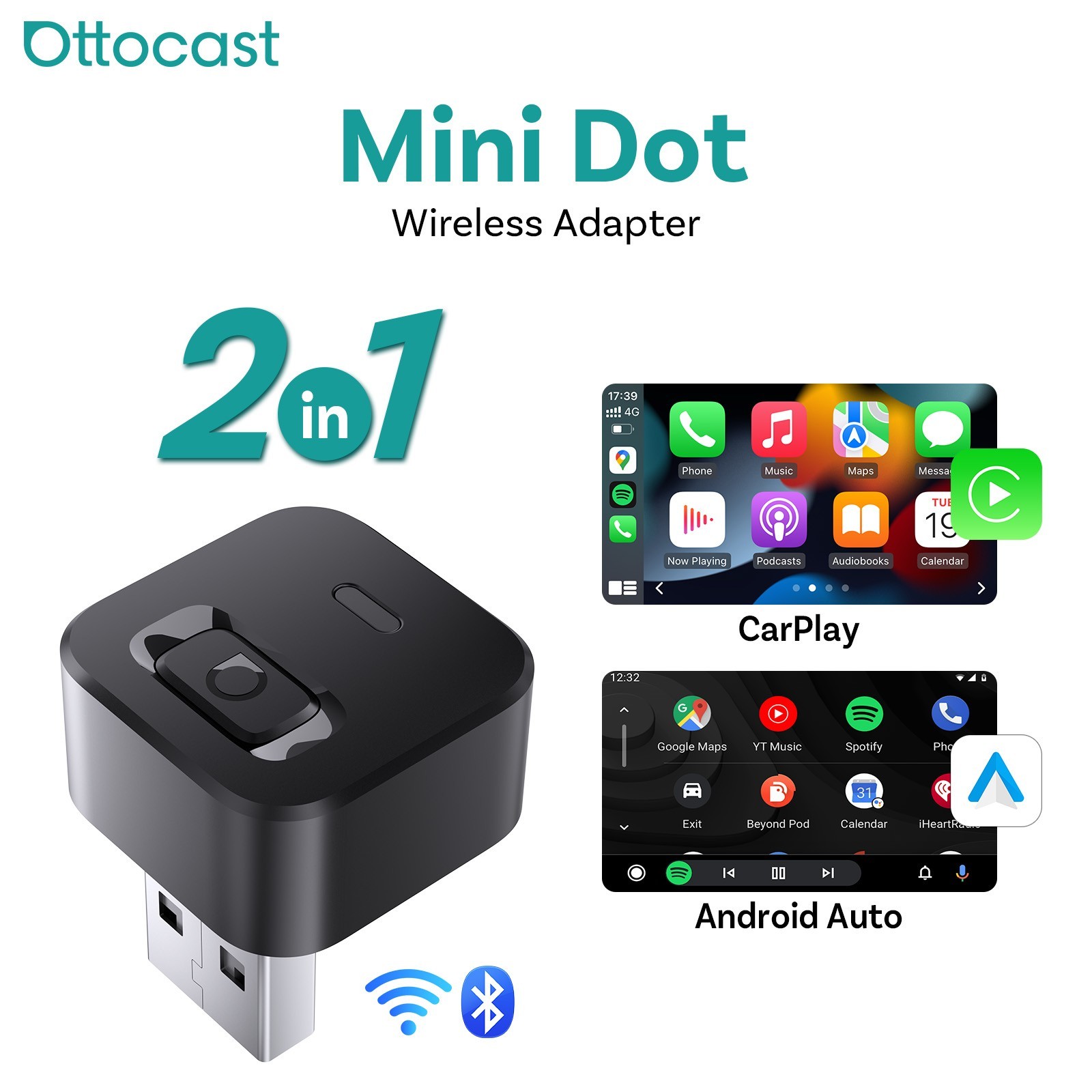 Ottocast Wireless CarPlay Android Auto Adapter USB Dongle Plug & Play Bluetooth