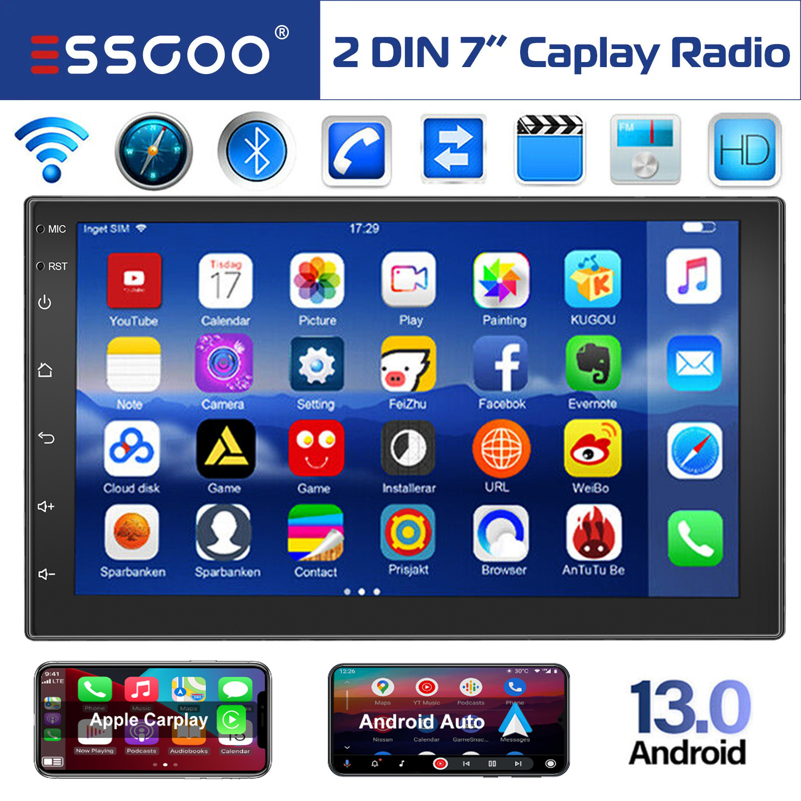 4G+64G Double 2DIN Android 13 CarPlay 7″ Car Stereo Radio GPS SAT NAVI Head Unit
