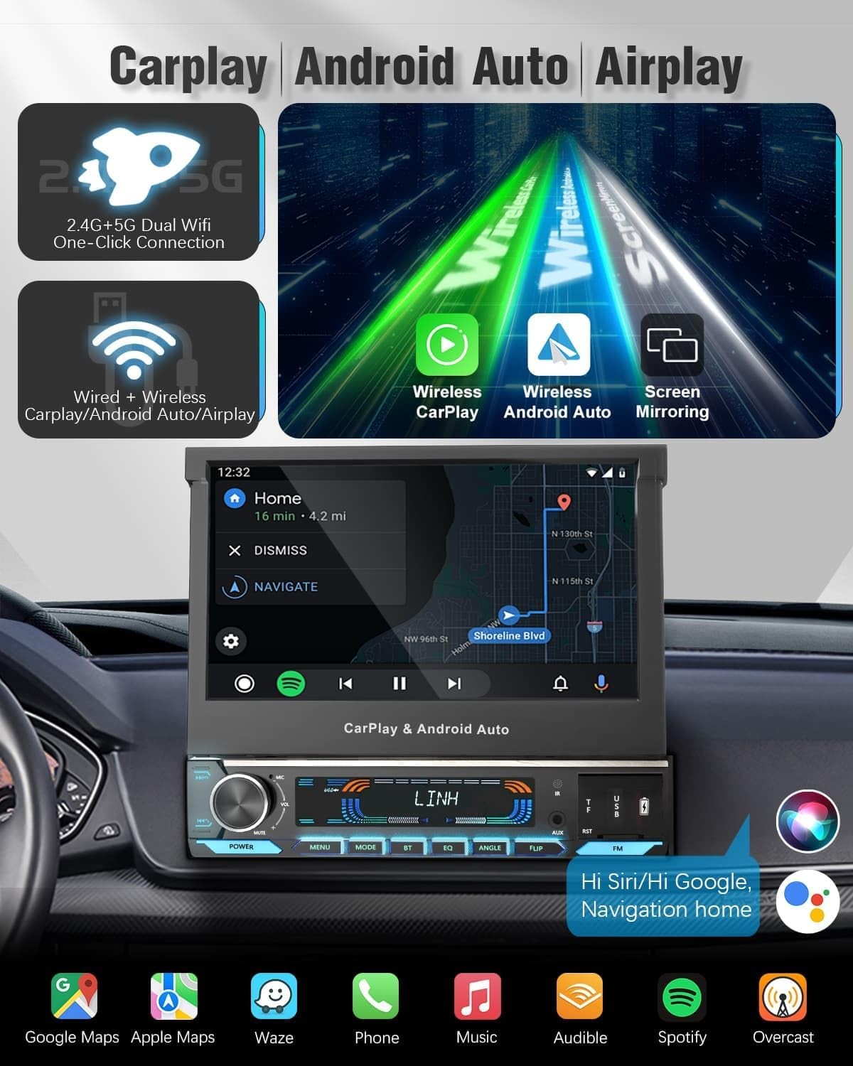 Single Din Touchscreen Radio SOOEMAKA Wireless CarPlay QLED Flip Out