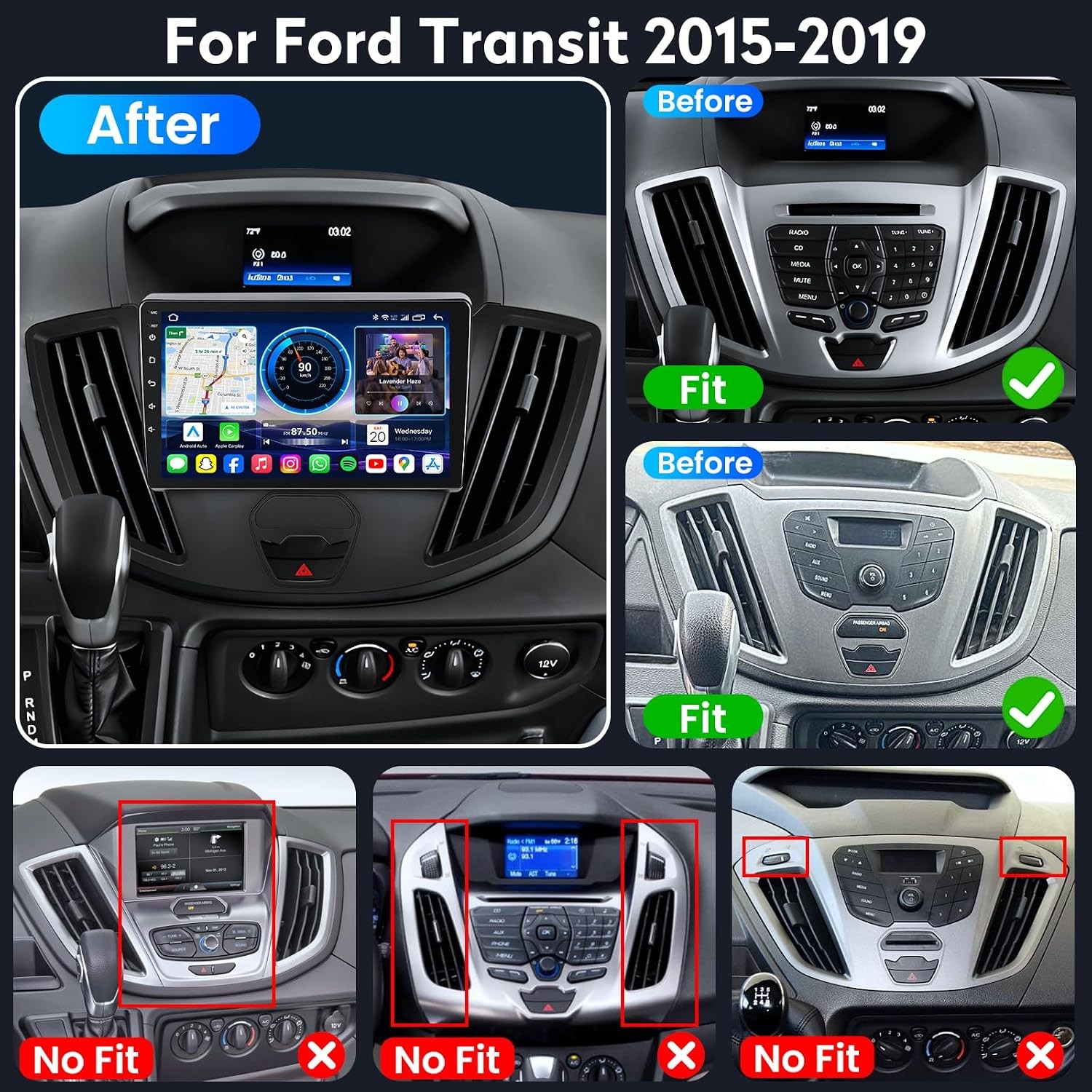 9″ Touch Wireless Carplay Android Stereo for 2015-2019 Ford Transit 150 250 350