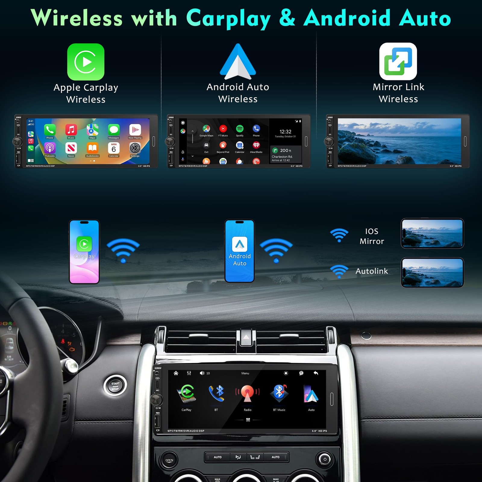 Emeito 6.9 Inch Single Din Car Stereo Touchscreen Radio Gunmetal Color