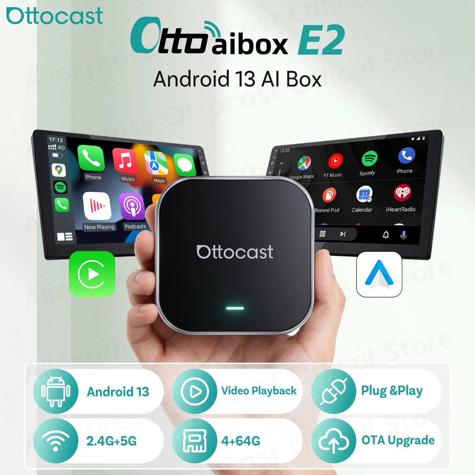 OTTOCAST E2 Video Palyer Ai Box Wireless CarPlay Adapter Android w/YT+TK+APP
