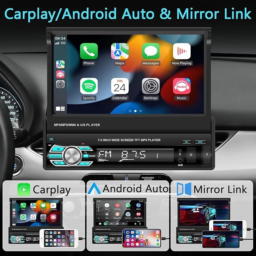 7” Single Din Car Audio Foldable HD Touchscreen Radio Multimedia System