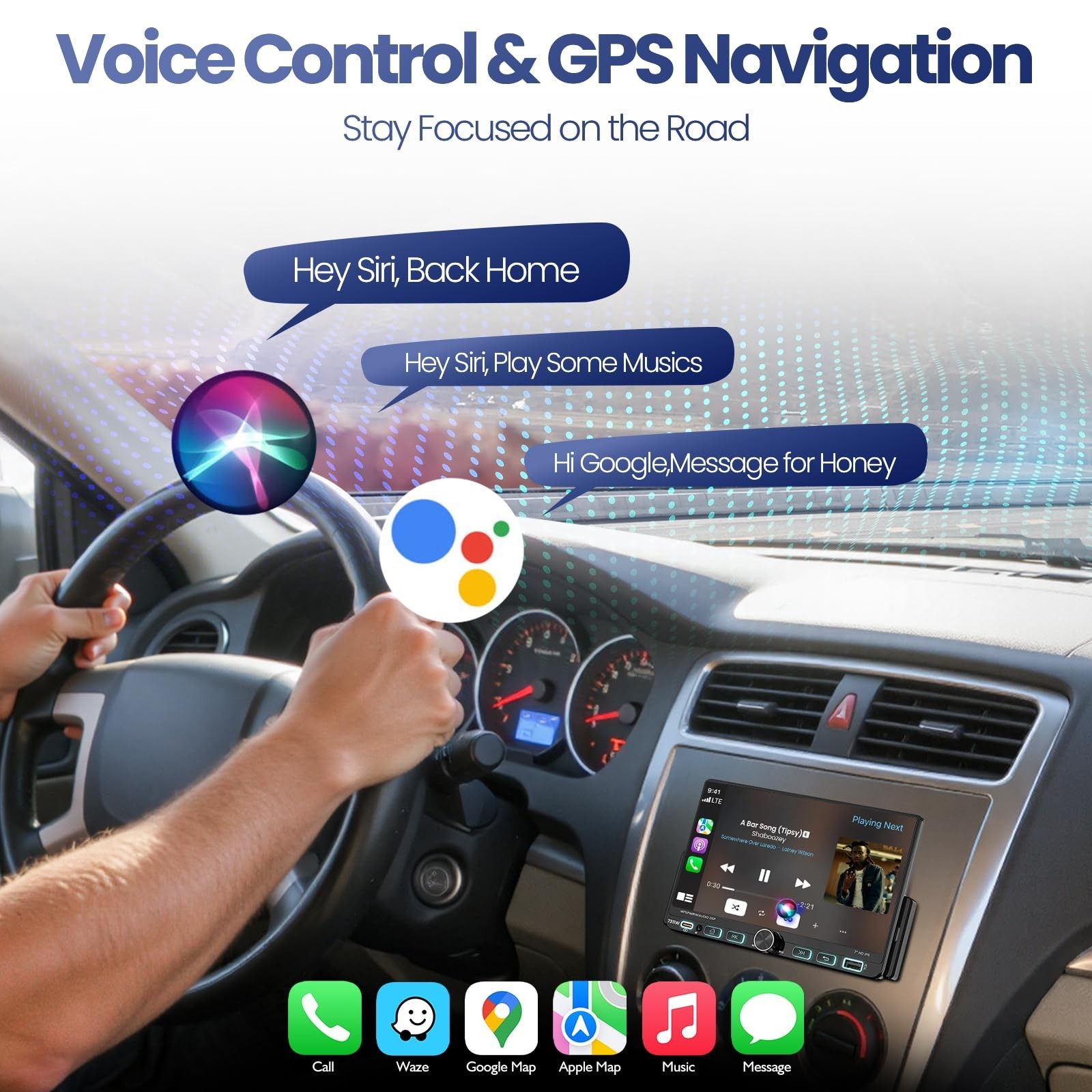 7″ Single Din Car Stereo with Apple CarPlay, Android Auto, Bluetooth 5.3, GPS, 1