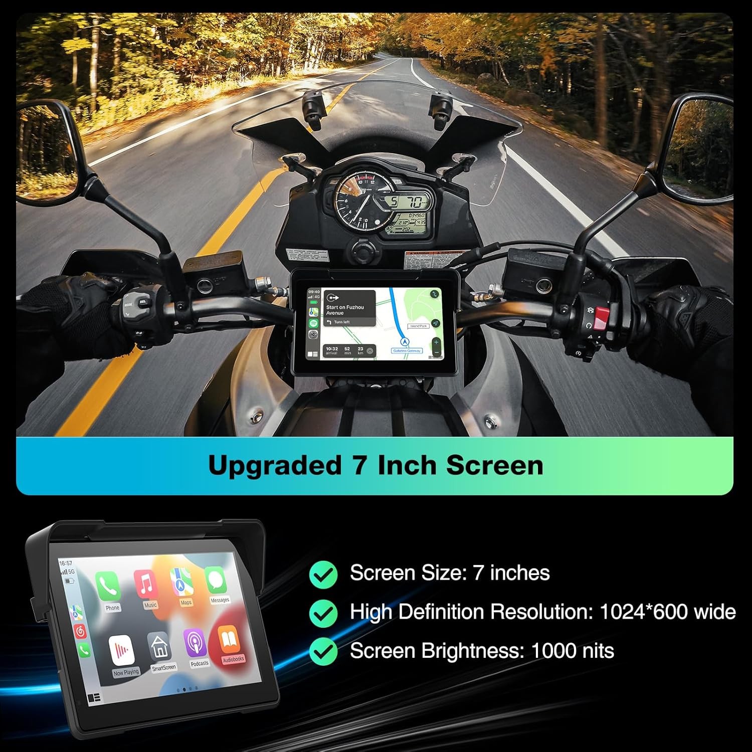 7″ Screen Waterproof Motorcycle Wireless CarPlay Android Auto Dash Camera GPS