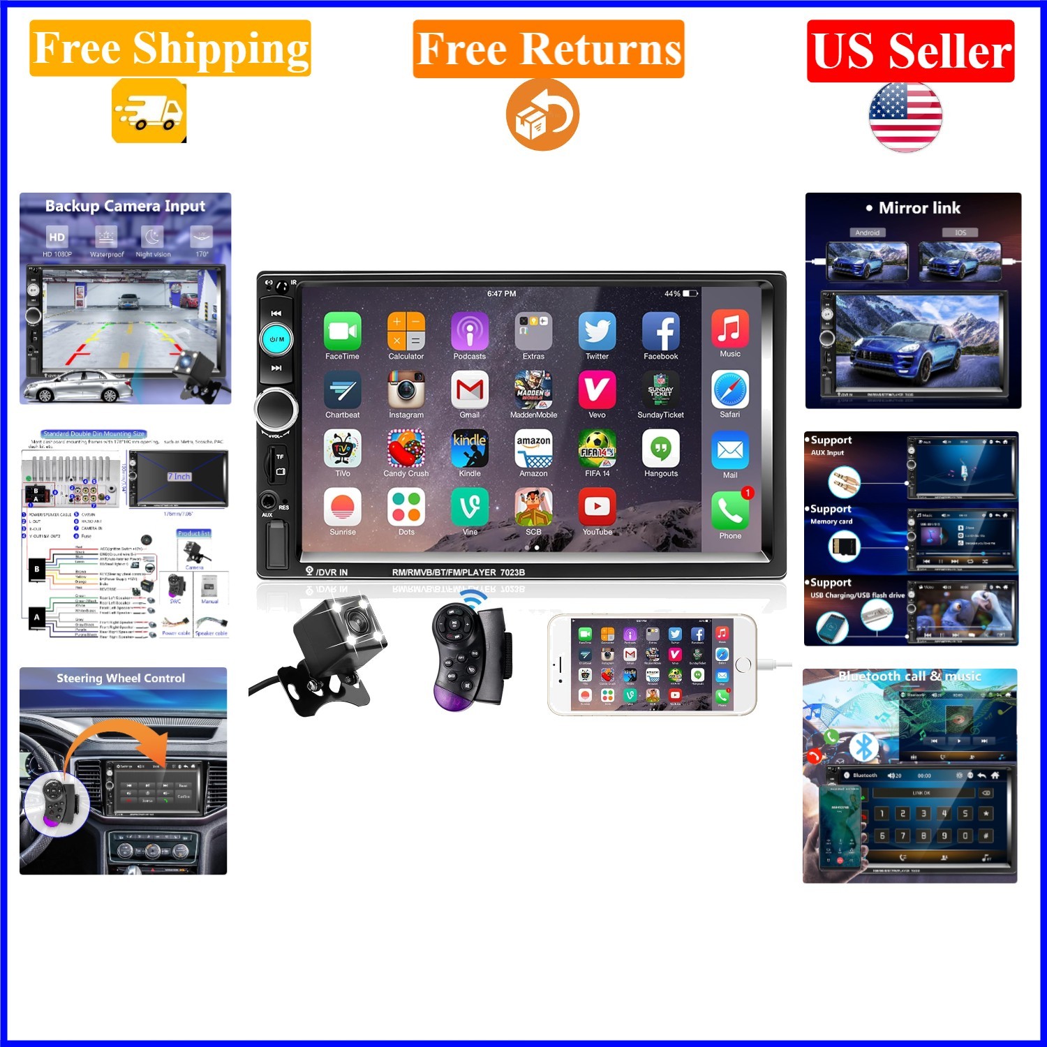 7-Inch Double Din Car Stereo Bluetooth Touch Screen FM USB Backup Camera