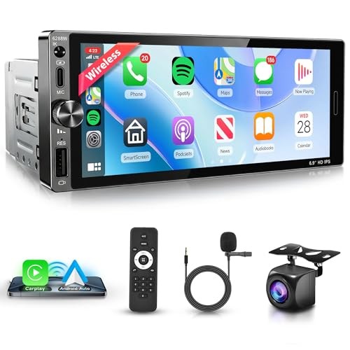 Single Din Car Radio Stereo Wireless Carplay & 6.9 inch Wireless Carplay
