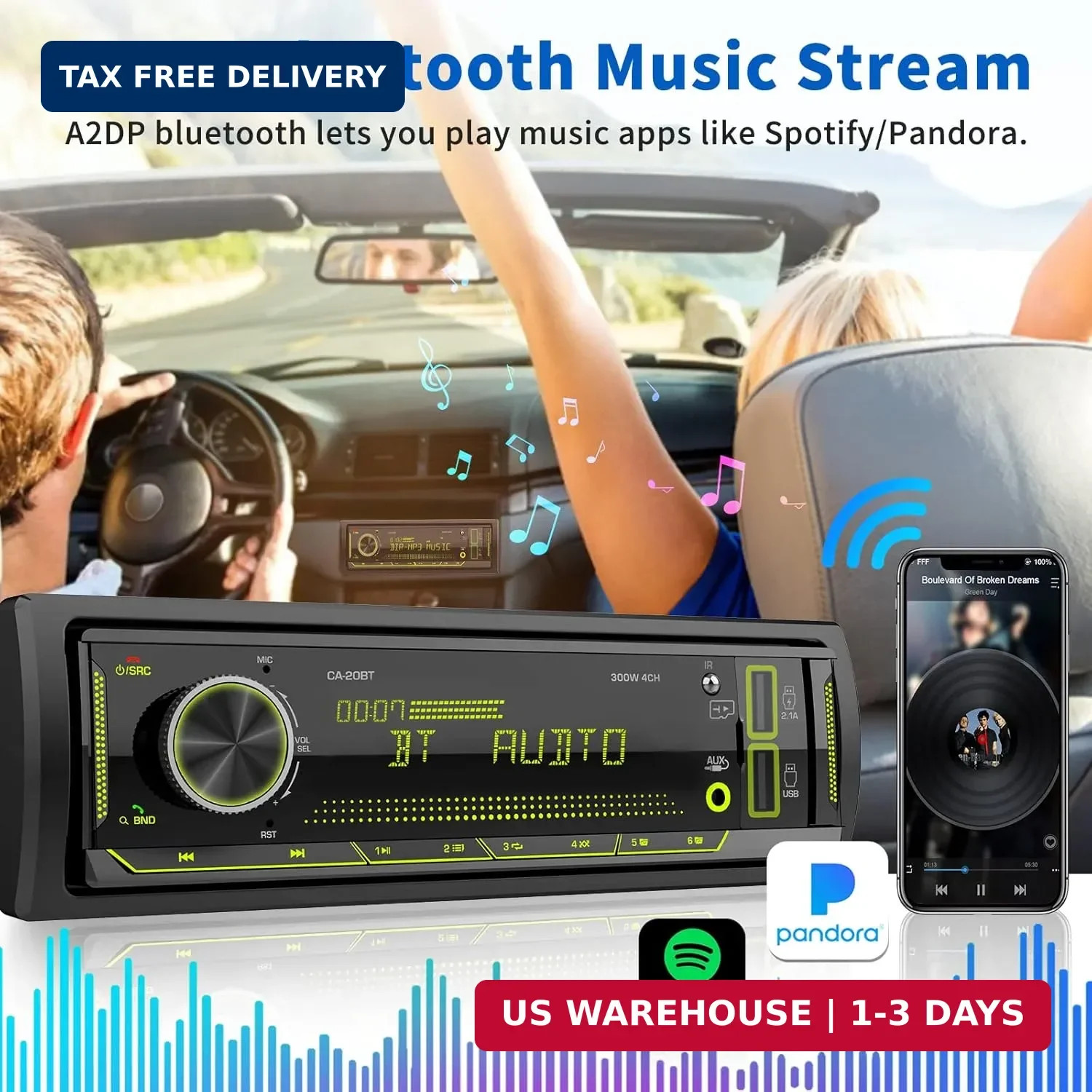 Single Din Car Stereo Receiver: Bluetooth Car Radio System – Marine Audio with L