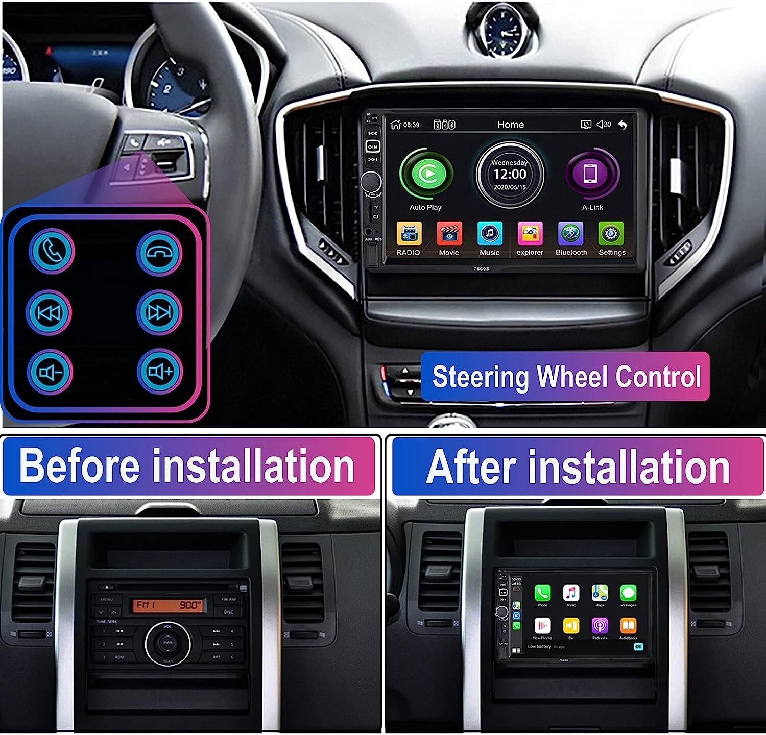 SANPTENT #7660 Double Din Car Stereo Radio 7″ Display works with Apple & Android