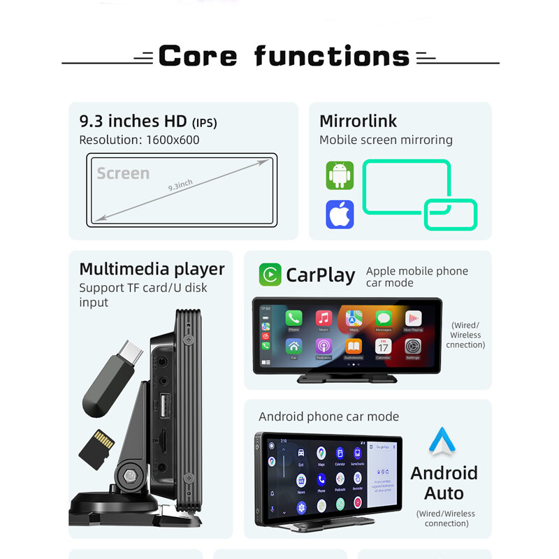 9″ Portable Bluetooth Wireless Carplay AndroidAuto Touchscreen Car Stereo Camera