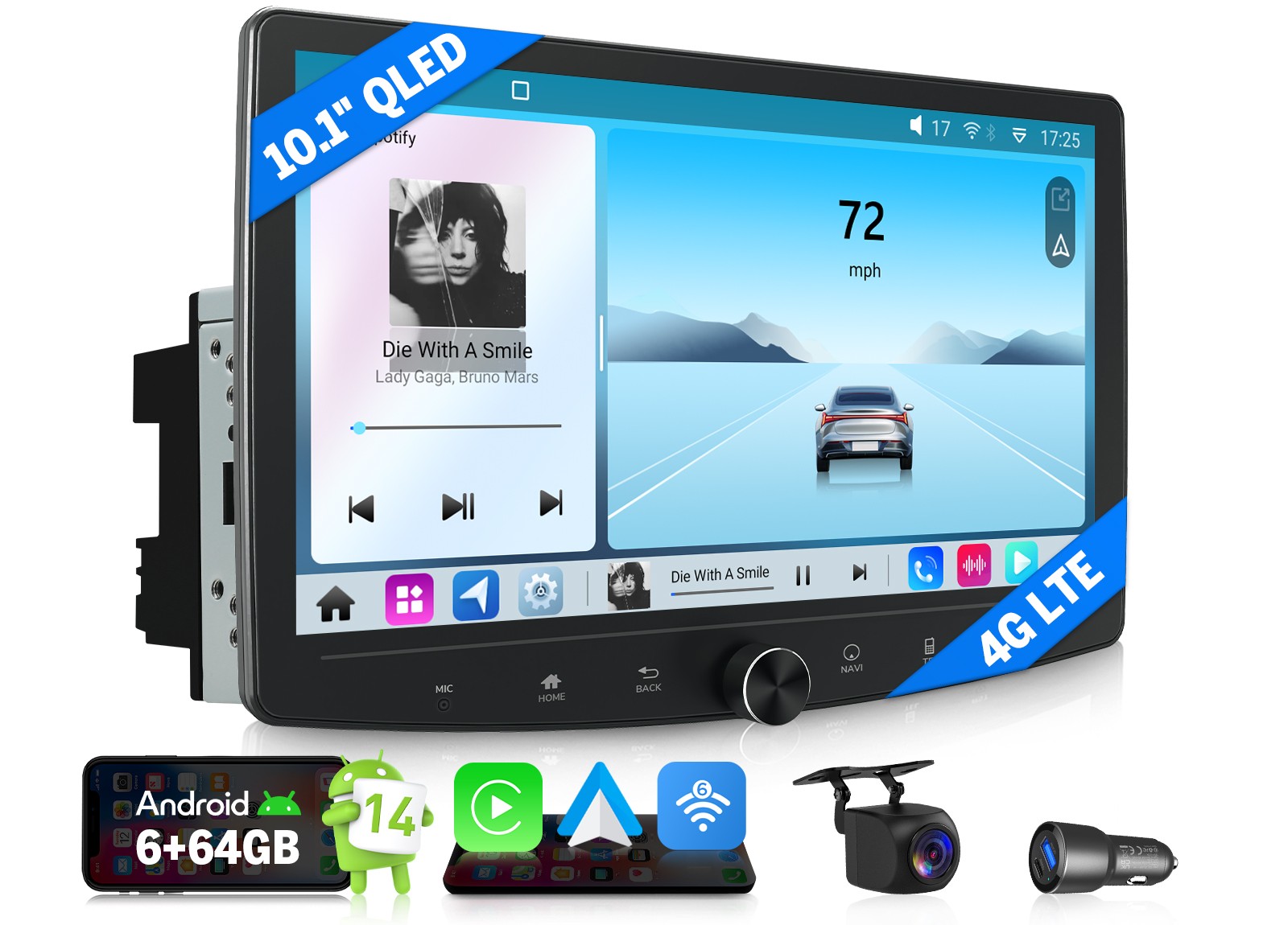 Android 14 10.1″ QLED 6+64 Double DIN Car Stereo Radio CarPlay GPS Navigation 4G