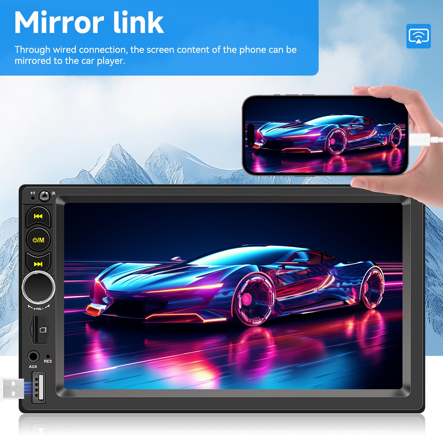 2DIN Double 7” Touchscreen Car Stereo with Bluetooth, GPS& Apple/Android CarPlay