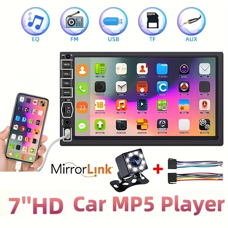 7″ 2DIN Car Stereo Radio Touch Screen USB MP5 Player Mirror Link carplay + Cam-